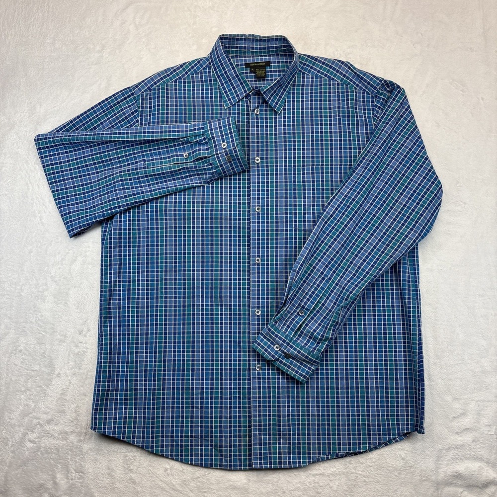 Martin Gordon Blue Grid Plaid Shirt Mens XL Preppy Casual Style